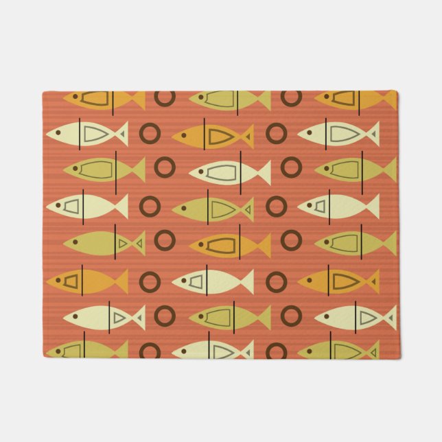 Mid Century Modern Fish Pattern Oranje Chartreuse Deurmat (Voorkant)