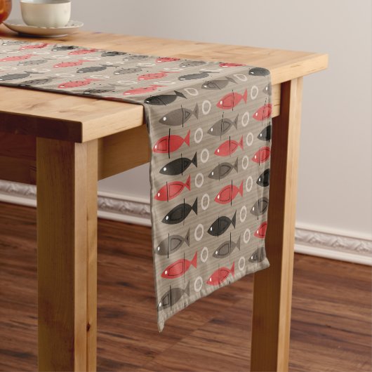 Mid Century Modern Fish Pattern Tan Korte Tafelloper (Voorbeeld)