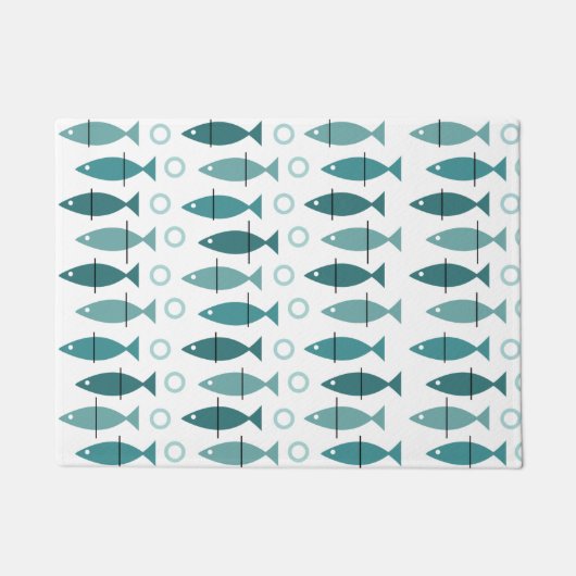 Mid Century Modern Fish Pattern Turquoise Deurmat (Voorkant)