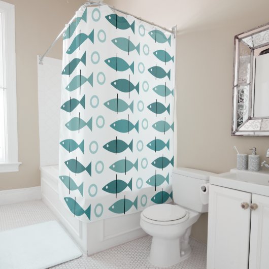 Mid Century Modern Fish Pattern Turquoise Douchegordijn (In situ)