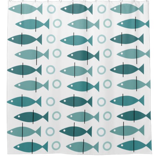 Mid Century Modern Fish Pattern Turquoise Douchegordijn (Voorkant)