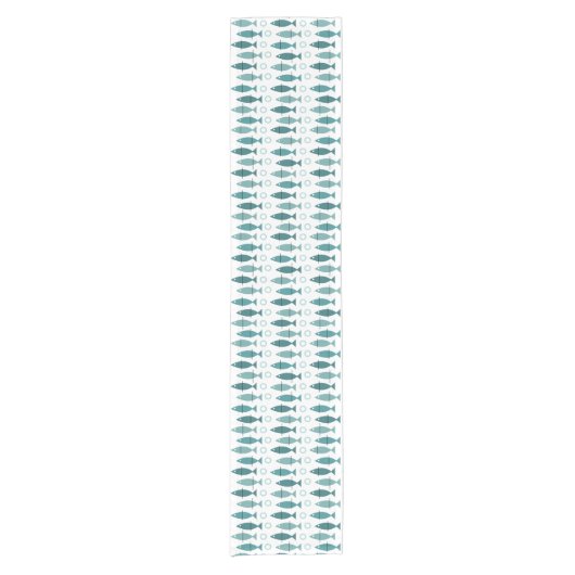 Mid Century Modern Fish Pattern Turquoise Korte Tafelloper (Voorkant)