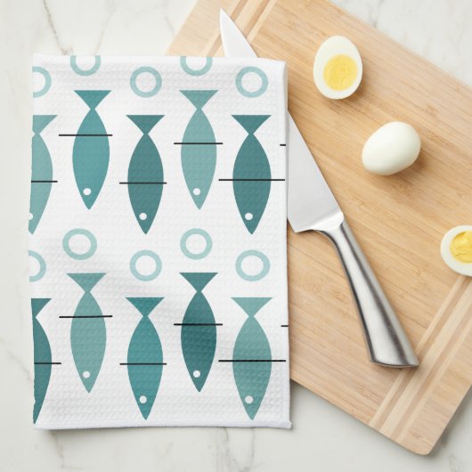 Mid Century Modern Fish Pattern Turquoise Theedoek (Quarter Fold)
