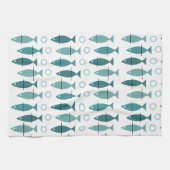 Mid Century Modern Fish Pattern Turquoise Theedoek (Horizontaal)