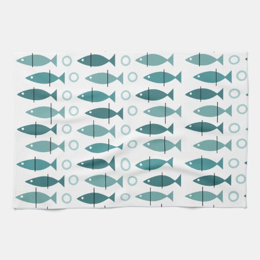 Mid Century Modern Fish Pattern Turquoise Theedoek (Horizontaal)