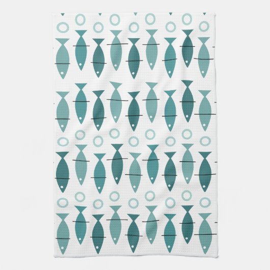 Mid Century Modern Fish Pattern Turquoise Theedoek (Verticaal)