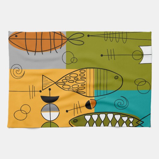 Mid-Century Modern Fish Whimsical Abstract Theedoek (Horizontaal)