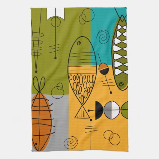 Mid-Century Modern Fish Whimsical Abstract Theedoek (Verticaal)
