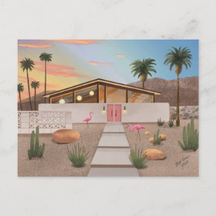 Mid Century Modern Flamingo House Briefkaart