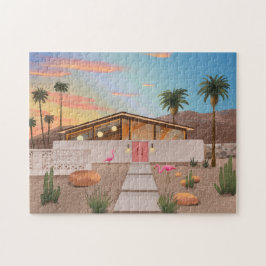 Mid Century Modern Flamingo House Jigzaag Puzzle Legpuzzel