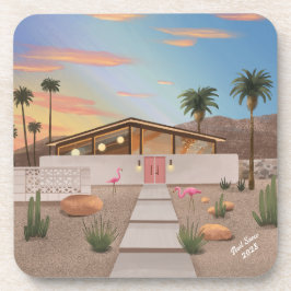 Mid Century Modern Flamingo House Set van Onderzet Bier Onderzetter