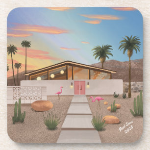 Mid Century Modern Flamingo House Set van Onderzet Bier Onderzetter