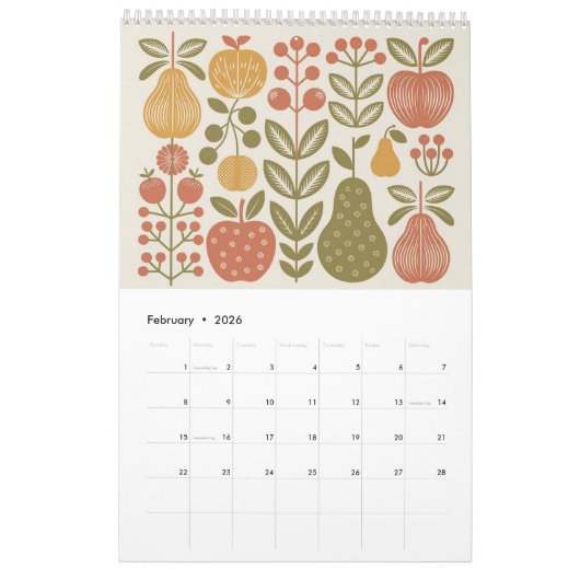 Mid Century Modern Floral 2026 Retro Folk Art Wall Kalender (Feb 2026)