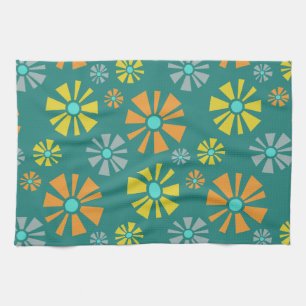 Mid Century Modern Flowers Blauwgroen Theedoek