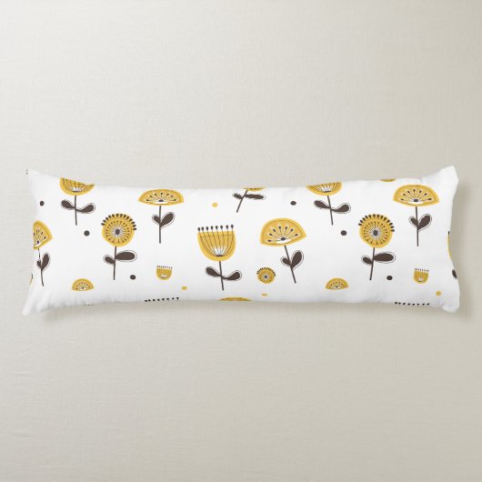 Mid Century Modern Geel Bloempatroon Lichaamskussen (Voorkant)