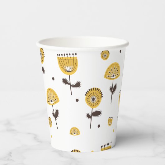 Mid Century Modern Geel Bloempatroon Papieren Bekers (Achterkant)
