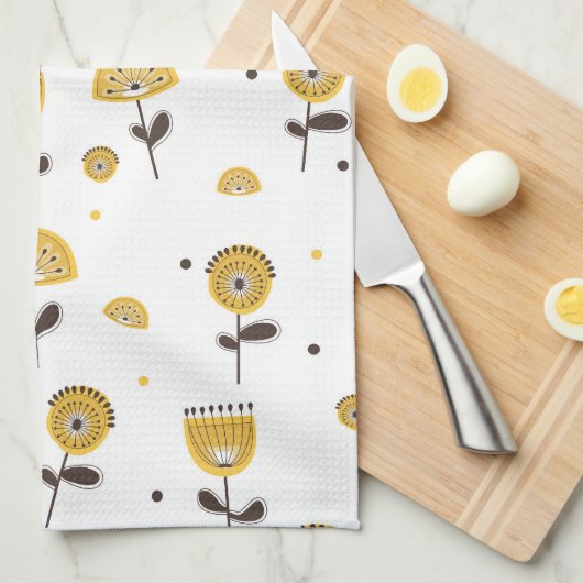 Mid Century Modern Geel Bloempatroon Theedoek (Quarter Fold)