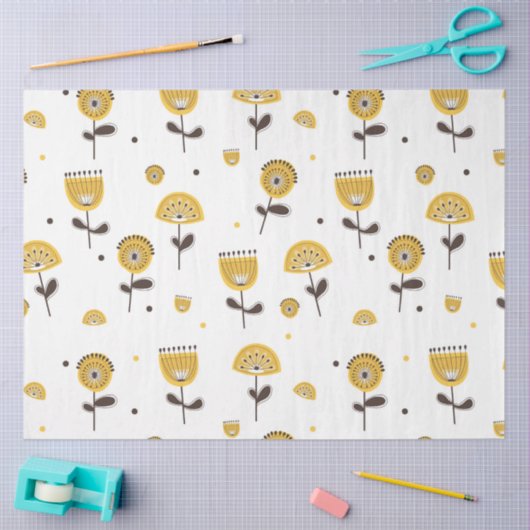 Mid Century Modern Geel Bloempatroon Tissuepapier (Craft)