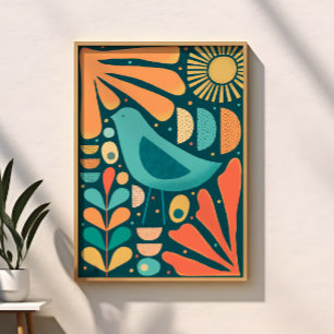 Mid Century Modern Geïnspireerde Vogel en Bladeren Poster
