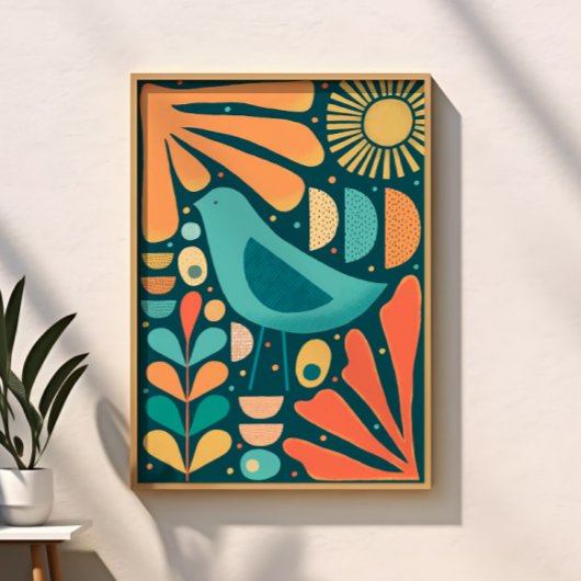 Mid Century Modern Geïnspireerde Vogel en Bladeren Poster
