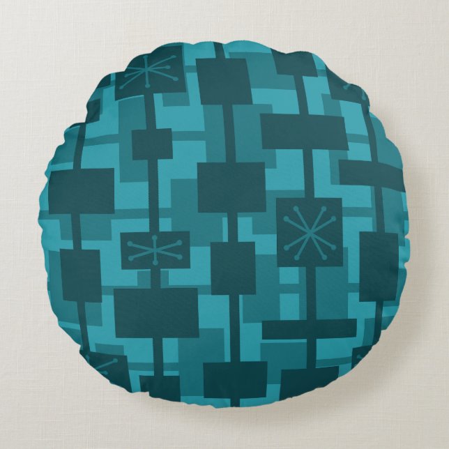 Mid Century Modern Geometrisch Blauwgroen Rond Kussen (Voorkant)