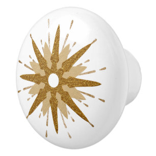 Mid-Century Modern Gold Starburst Ceramic Knob. Keramische Knop