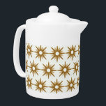 Mid-Century Modern Gold Starburst Pattern Theepot<br><div class="desc">Het moderne, geïnspireerde design uit de midden-eeuw, met een patroon van retro goudsterrenburen op een witte achtergrond. Eenvoudig, schoon modern design. Creëer uw eigen douanepatroon door een nieuw afbeelding te uploaden, of gebruik de "contact deze ontwerper"knoop voor hulp. Om uw eigen gepatenteerde ontwerp te creëer: 1. Selecteer personaliseren deze sjabloon....</div>