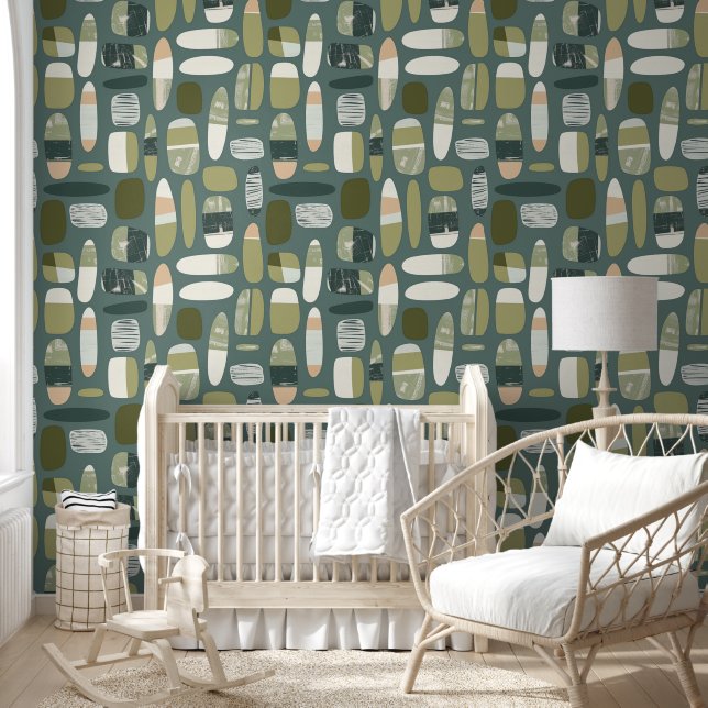 Mid century modern green Pattern Behang (Kinderen)