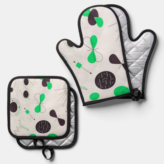 Mid Century Modern Green Physics  Ovenwant & Pannenlap Set (Voorkant / Achterkant)