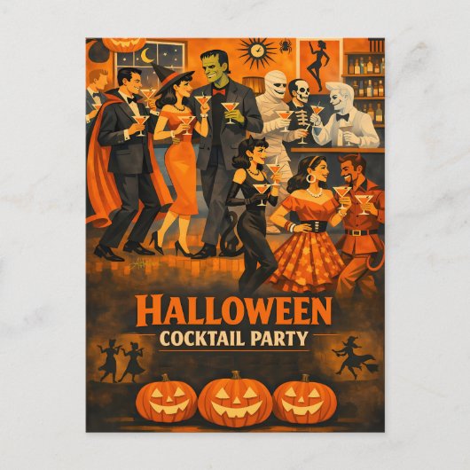 Mid Century Modern Halloween Martini Feest Briefkaart (Voorkant)