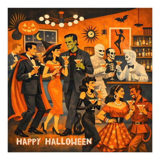 Mid Century Modern Halloween Martini Feest Foto Afdruk (Voorkant)