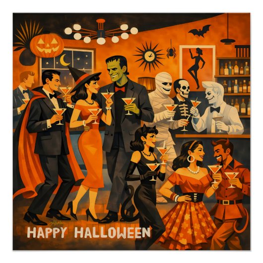 Mid Century Modern Halloween Martini Feest Perfect Poster (Voorkant)