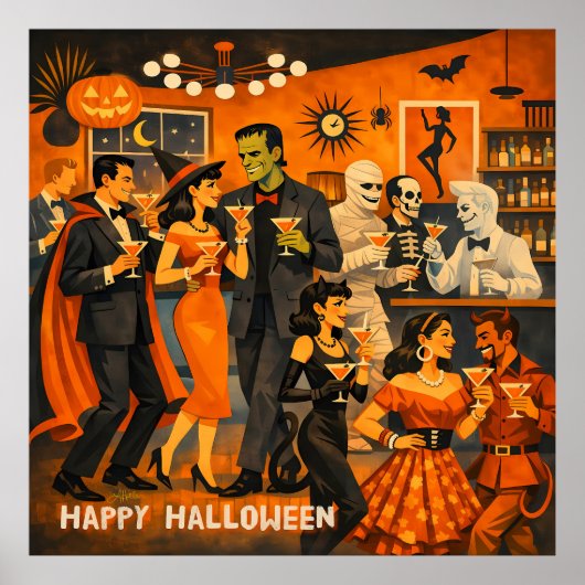Mid Century Modern Halloween Martini Feest Poster (Voorkant)