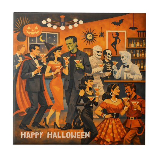 Mid Century Modern Halloween Martini Feest Tegeltje (Voorkant)