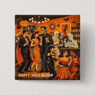 Mid Century Modern Halloween Martini Feest Vierkante Button 5,1 Cm