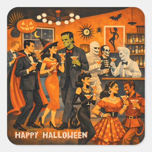 Mid Century Modern Halloween Martini Feest Vierkante Sticker (Voorkant)