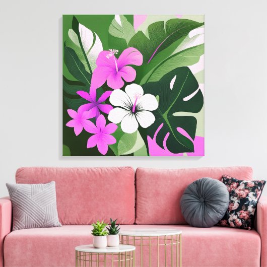 Mid-Century Modern Hawaiian Hibiscus and Plumeria Canvas Afdruk (Insitu (Woonkamer))