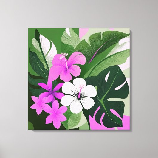 Mid-Century Modern Hawaiian Hibiscus and Plumeria Canvas Afdruk (Voorkant)