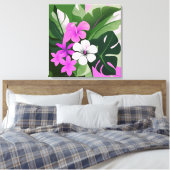 Mid-Century Modern Hawaiian Hibiscus and Plumeria Canvas Afdruk (Insitu (Slaapkamer))