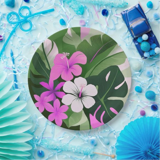 Mid-Century Modern Hawaiian Hibiscus and Plumeria Papieren Bordje (Feest)