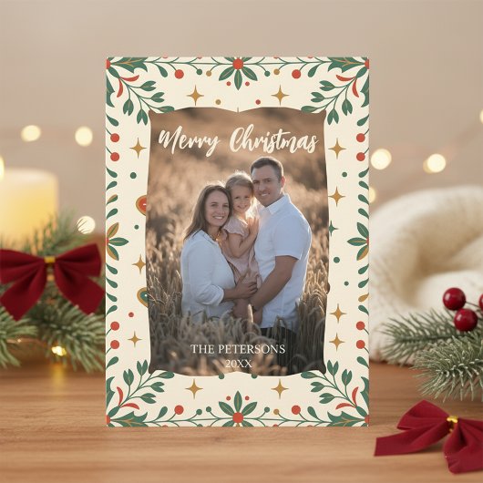 Mid-Century Modern Holly Photo Family Holiday Kaart