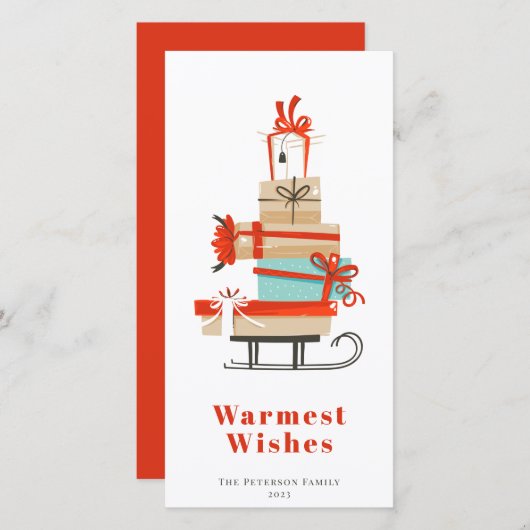 Mid-century Modern Illustrated Christmas Sled Feestdagenkaart (Voorkant / Achterkant)