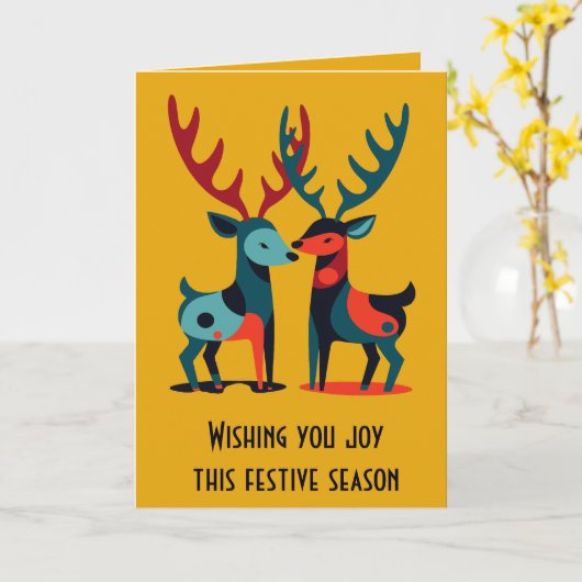 Mid-Century Modern Kitschy Christmas Reindeer  Kaart (Gele Bloem)