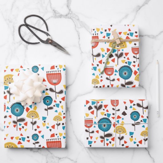 Mid Century Modern kleurrijk bloemmotief Inpakpapier Vel (Voorkant)