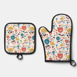 Mid Century Modern kleurrijk bloemmotief Ovenwant & Pannenlap Set