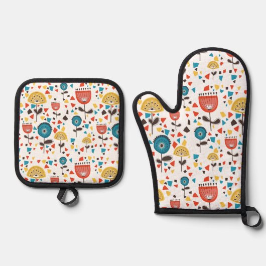 Mid Century Modern kleurrijk bloemmotief Ovenwant & Pannenlap Set (Voorkant)