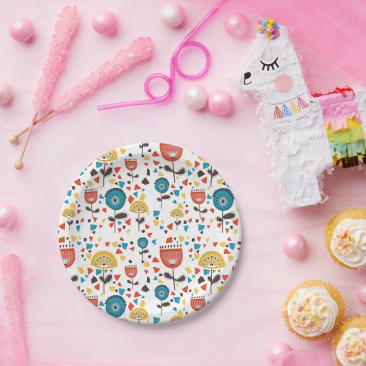 Mid Century Modern kleurrijk bloemmotief Papieren Bordje (Feest)