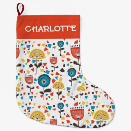 Mid Century Modern Kleurrijke Bloemen Custom Name Grote Kerstsok