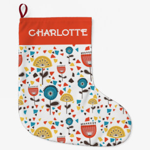 Mid Century Modern Kleurrijke Bloemen Custom Name Grote Kerstsok