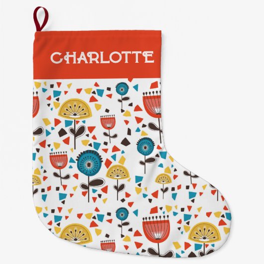 Mid Century Modern Kleurrijke Bloemen Custom Name Grote Kerstsok (Voorkant)